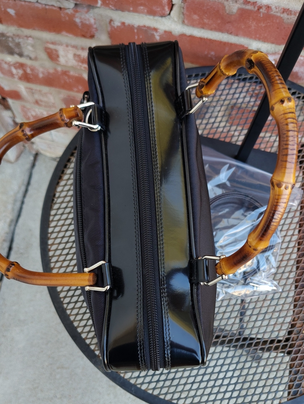 Vintage Gucci Nylon Patent Leather Bamboo Handle Black Handbag Bag Classic 90s - Picture 8 of 16